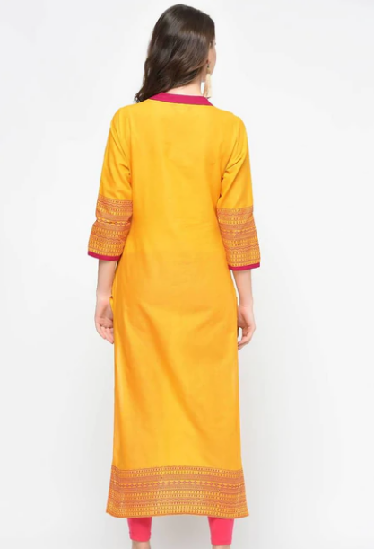 Mustard Hand Block Print Straight Kurta - Ethnic Party Wear