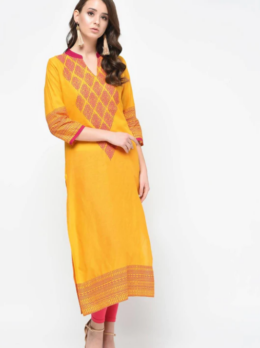 Mustard Hand Block Print Straight Kurta - Ethnic Party Wear