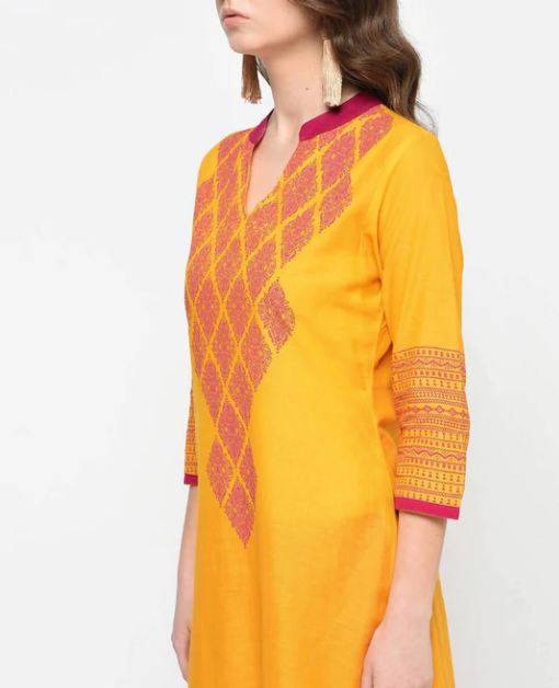 Mustard Hand Block Print Straight Kurta - Ethnic Party Wear