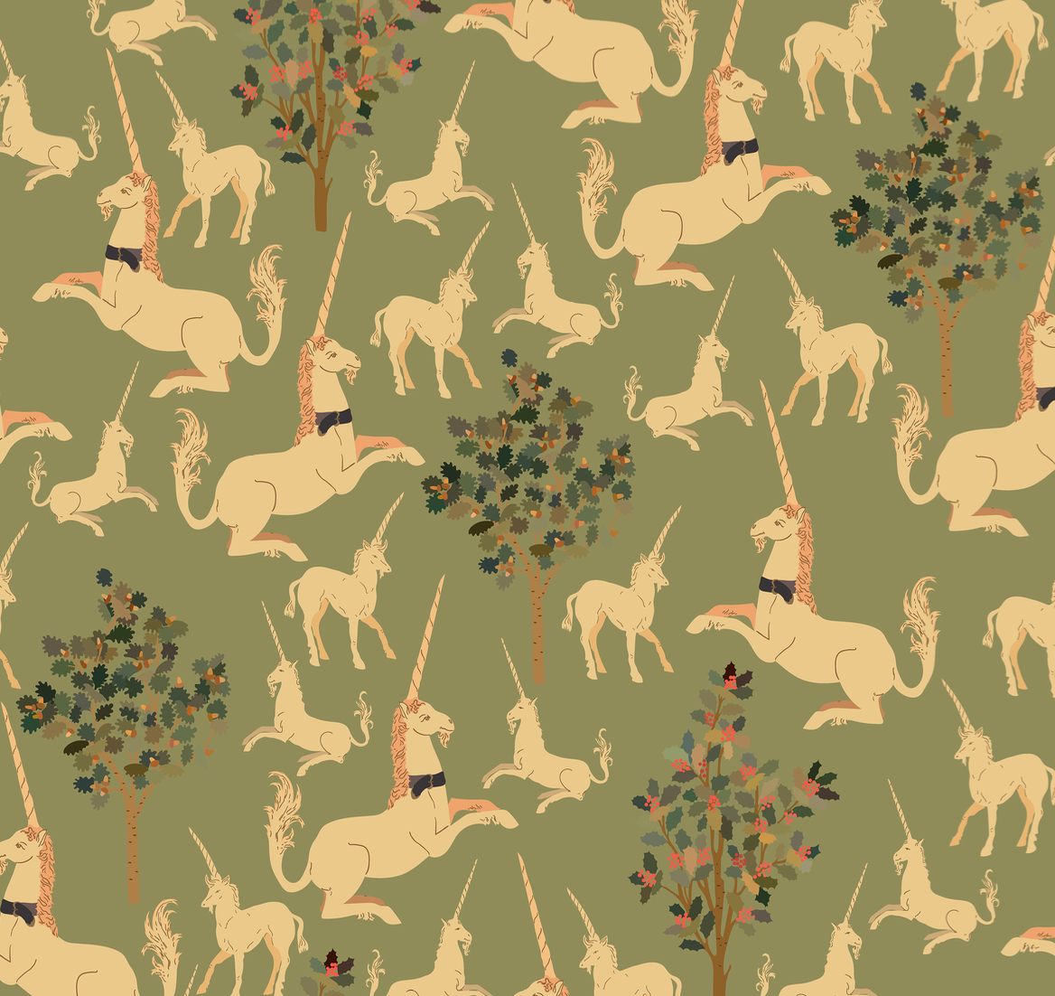 Odette Vintage Maximalist Wallpaper in Olive Green & Cream