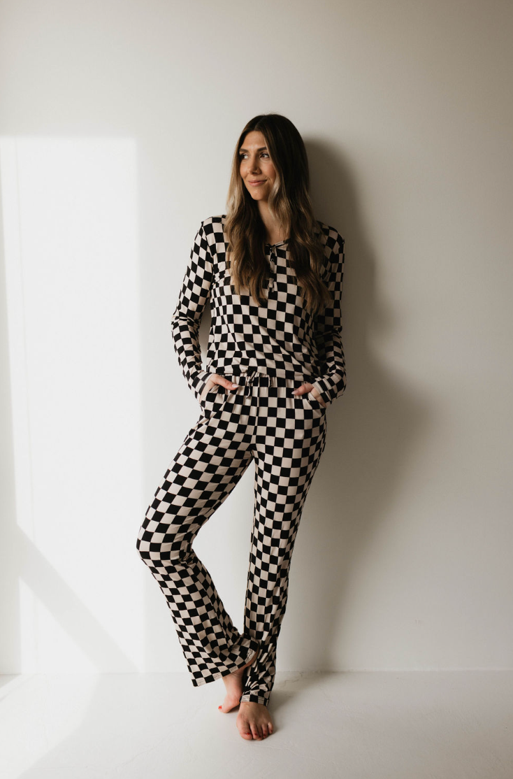 Women's Black Checkerboard Bamboo Pajamas - Long Sleeve