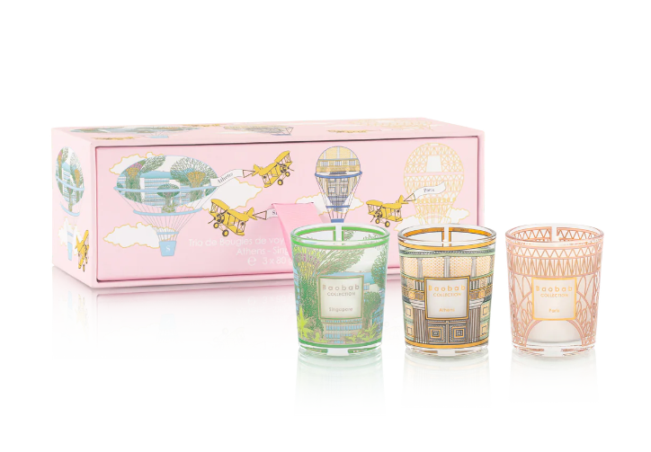 Baobab Collection Trio Travel Candles in a pink gift box featuring Singapore, Athens, and Paris scents.
