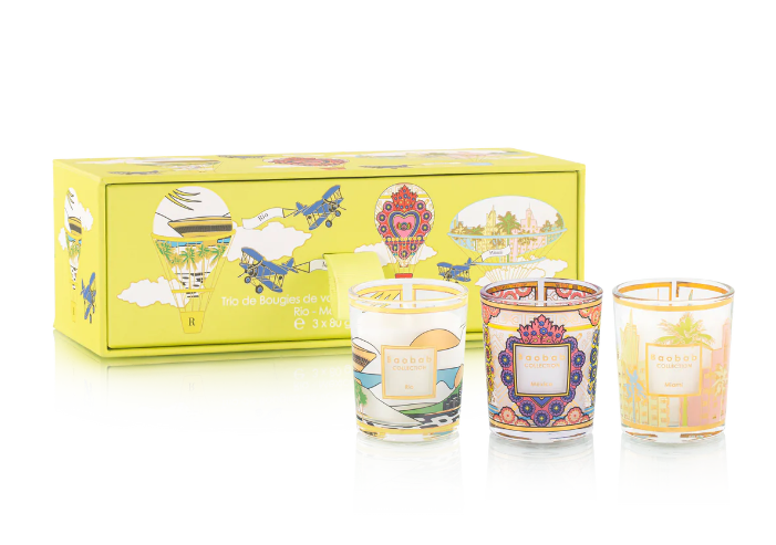 Trio Travel Candles set including Rio, Mexico, and Miami in a yellow Art Deco style box.