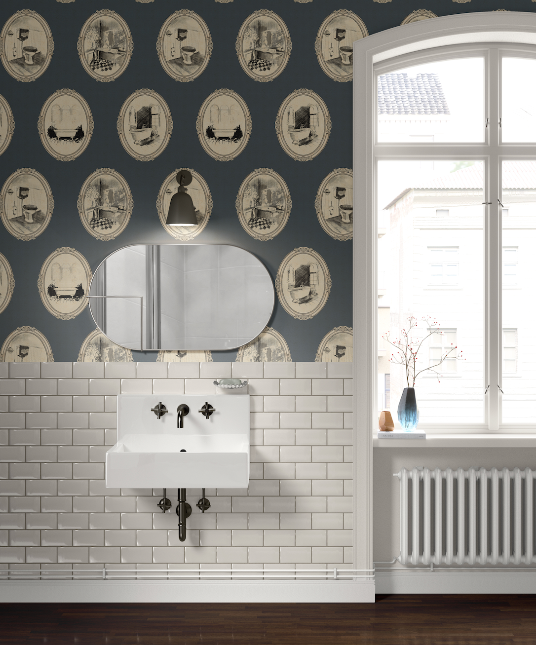 Lou patterned wallpaper in grey, green, tan, and black, perfect for maximalist interior design.