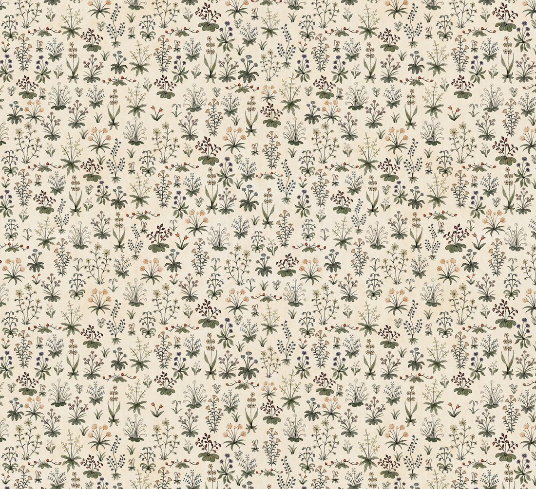 Evelyn Floral Wallpaper in Muted Beige and Green Vintage Style