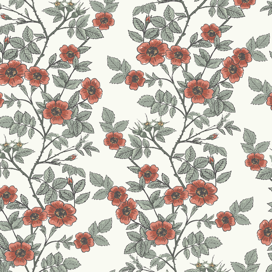 Shia Floral Removable Wallpaper - Vintage Botanical Red & Sage