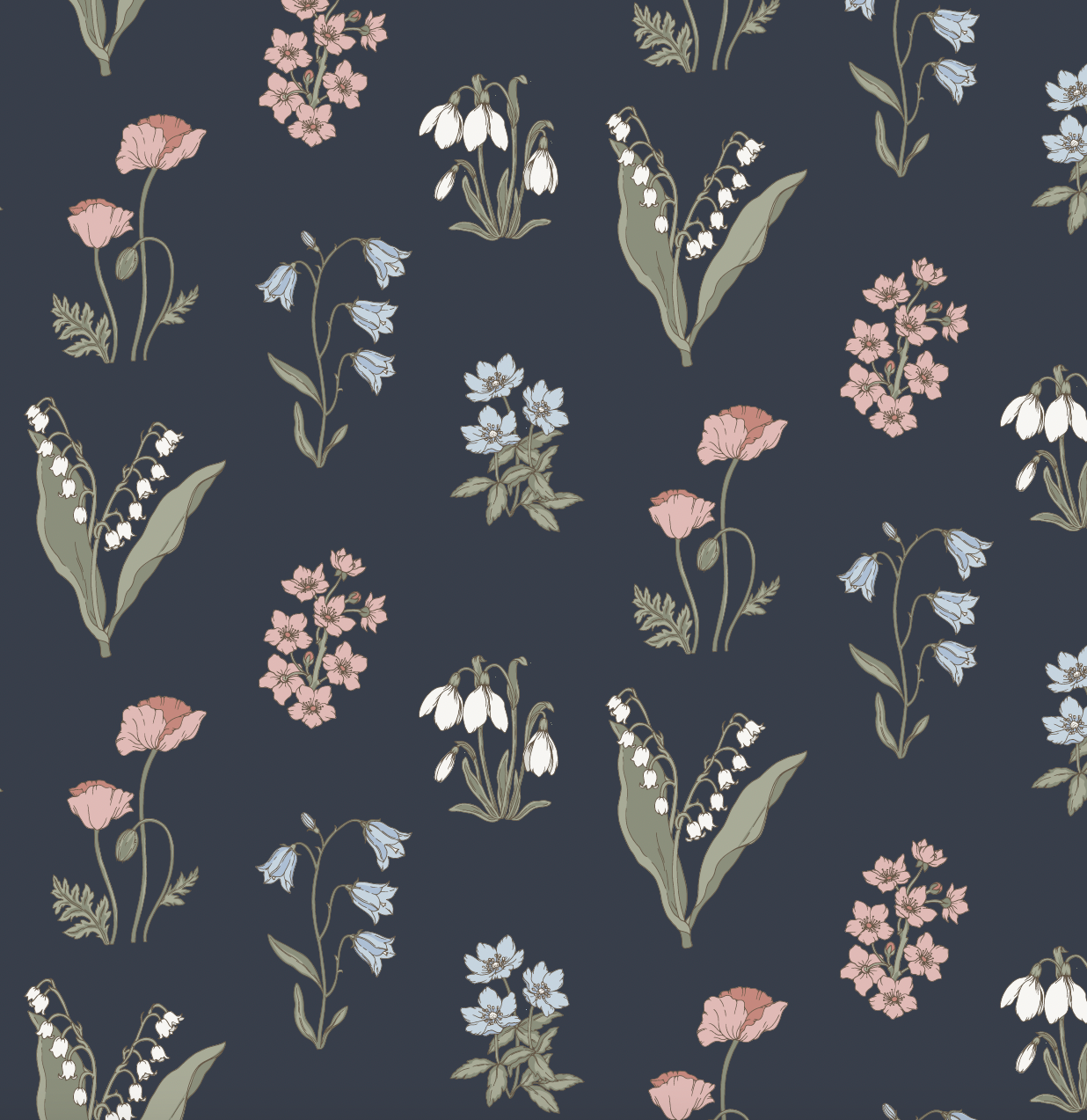Holly Floral Removable Wallpaper - Pink, Blue & Green Cottagecore