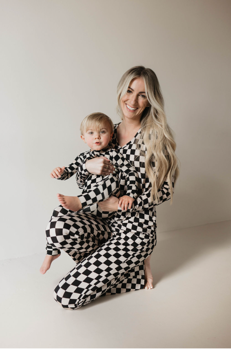 Women's Black Checkerboard Bamboo Pajamas - Long Sleeve