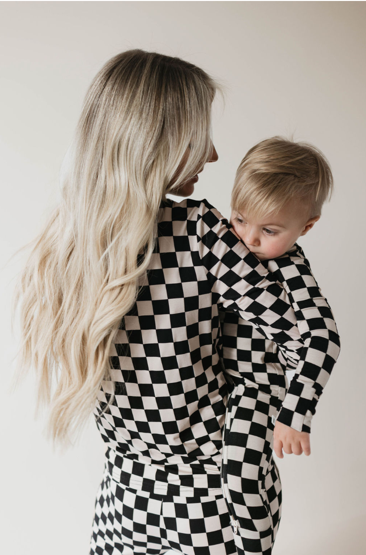 Women's Black Checkerboard Bamboo Pajamas - Long Sleeve