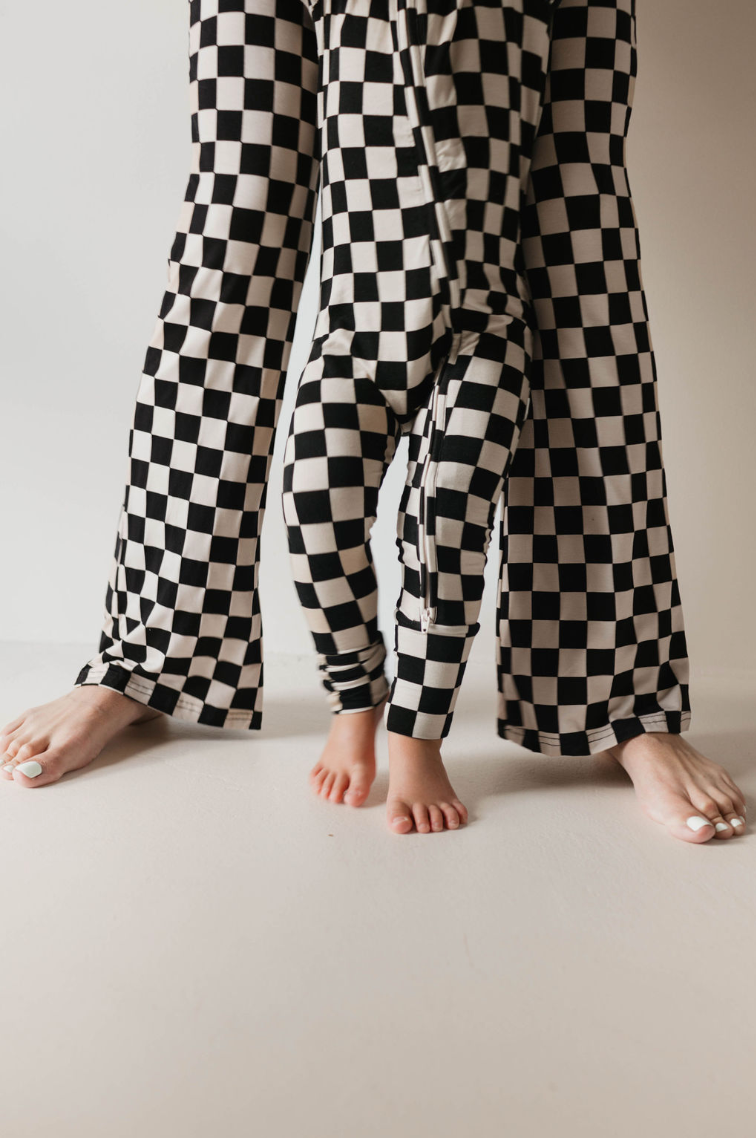 Women's Black Checkerboard Bamboo Pajamas - Long Sleeve