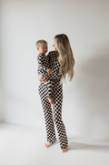 Women's Black Checkerboard Bamboo Pajamas - Long Sleeve