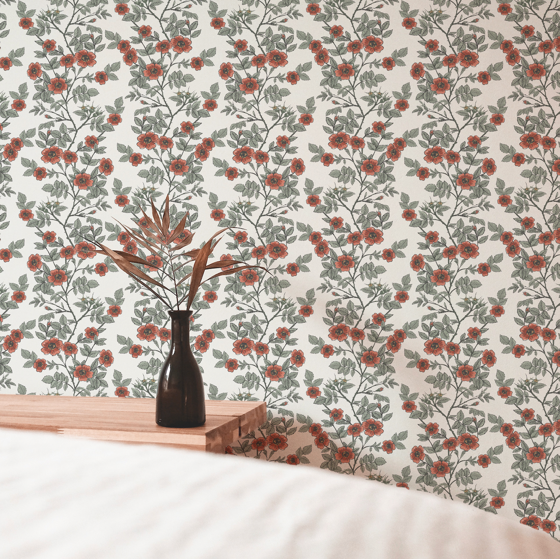 Shia Floral Removable Wallpaper - Vintage Botanical Red & Sage