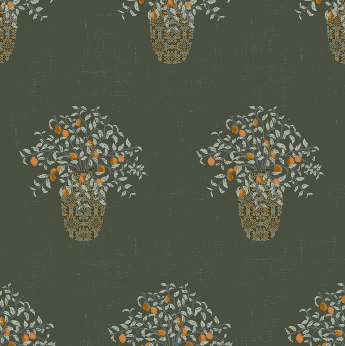 Alessa Botanical Wallpaper in Olive-Green and Orange