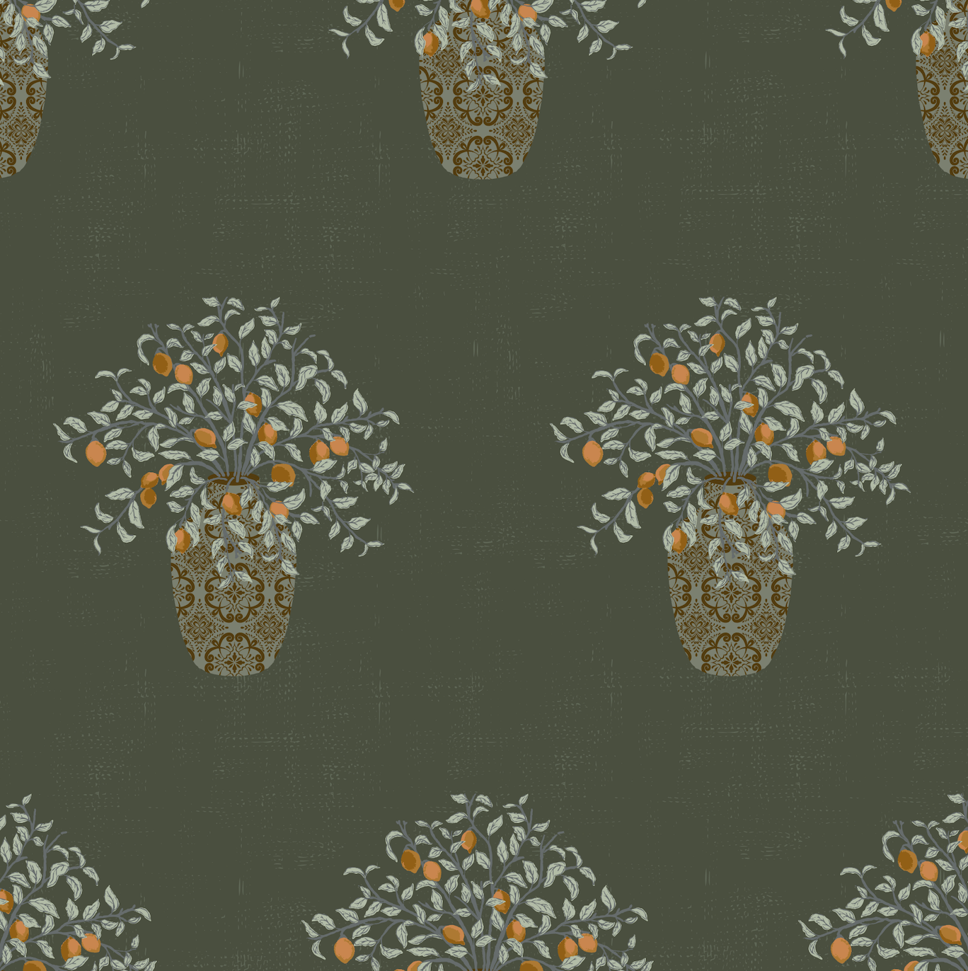 Alessa Botanical Wallpaper in Olive-Green and Orange