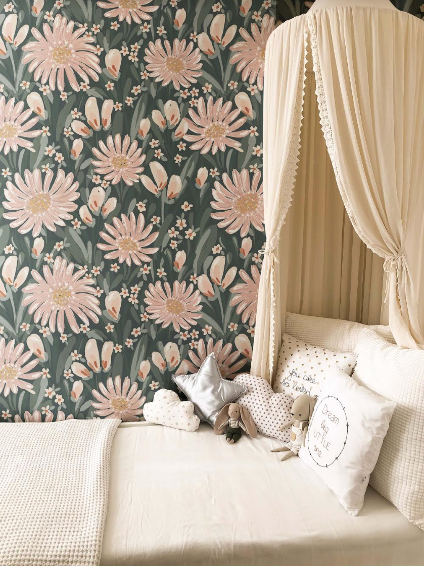 Auden Floral Wallpaper in Peach and Sage-Green Bohemian Design