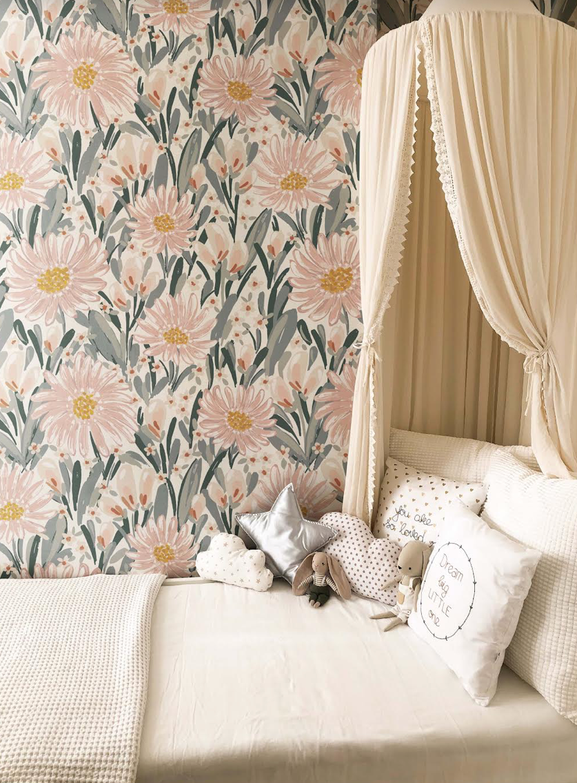 Auden Floral Wallpaper in Peach and Sage-Green Bohemian Design