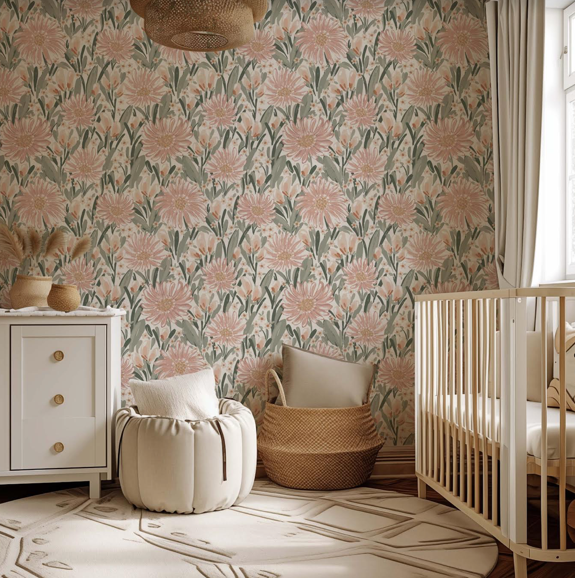 Auden Floral Wallpaper in Peach and Sage-Green Bohemian Design