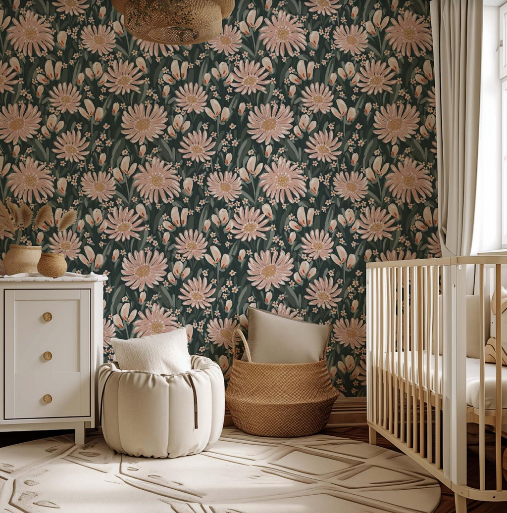 Auden Floral Wallpaper in Peach and Sage-Green Bohemian Design