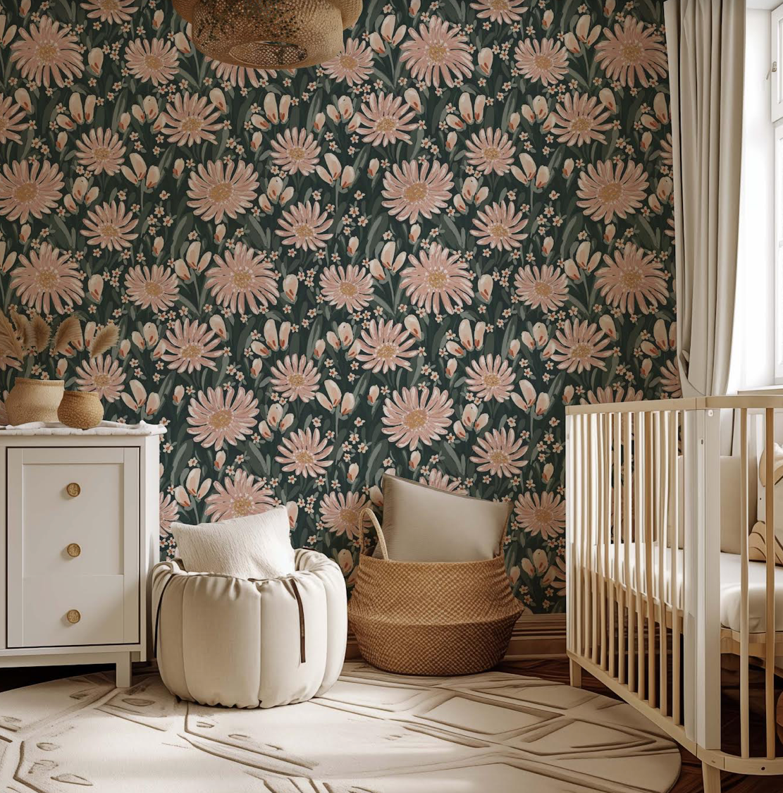 Auden Floral Wallpaper in Peach and Sage-Green Bohemian Design