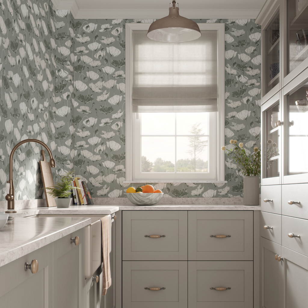 Aurora botanical floral wallpaper in sage-green, white, blue, and tan