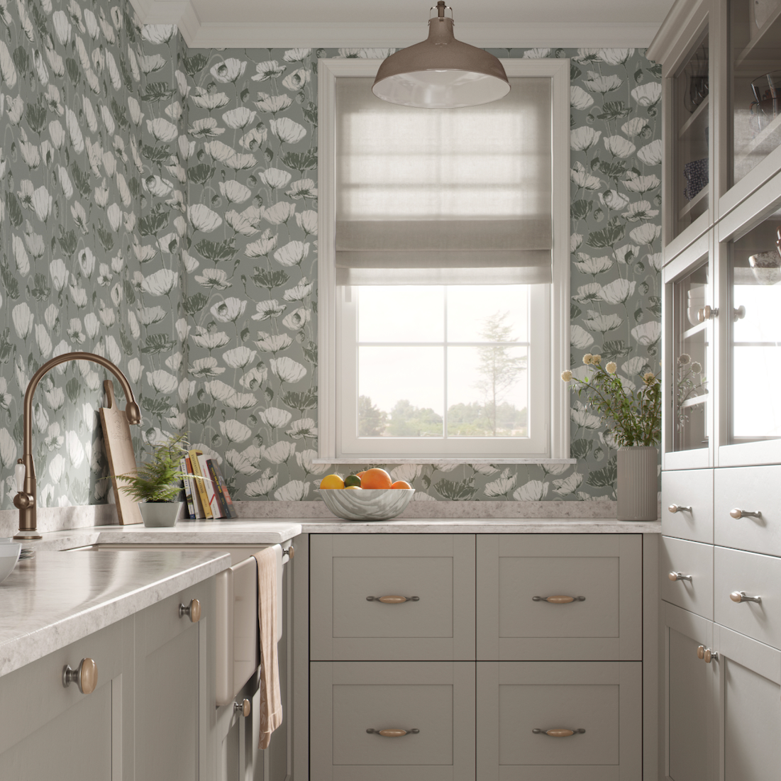 Aurora botanical floral wallpaper in sage-green, white, blue, and tan