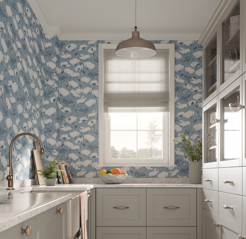 Aurora Floral Sage-Green White Blue and Tan Removable Wallpaper