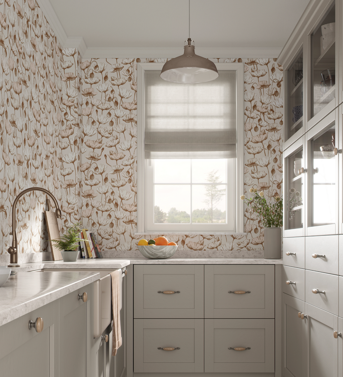Aurora Floral Sage-Green White Blue and Tan Removable Wallpaper