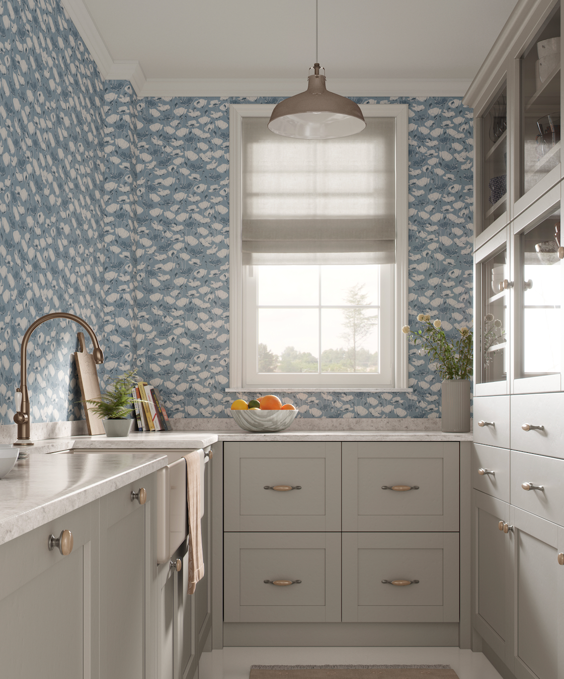 Aurora Floral Sage-Green White Blue and Tan Removable Wallpaper