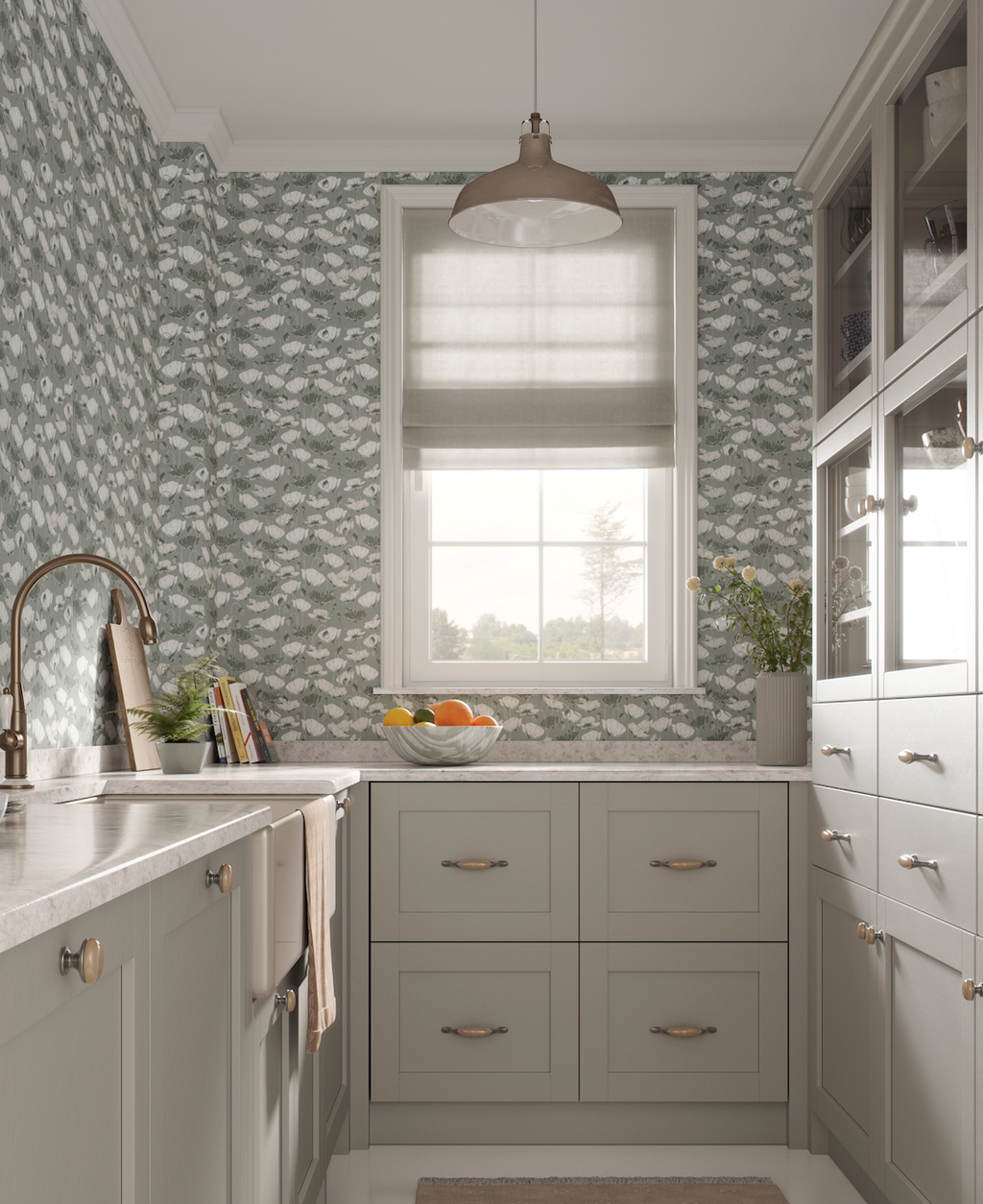 Aurora Floral Sage-Green White Blue and Tan Removable Wallpaper