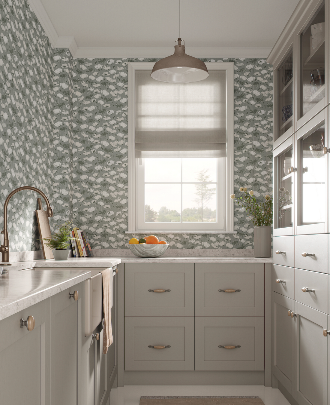 Aurora Floral Sage-Green White Blue and Tan Removable Wallpaper