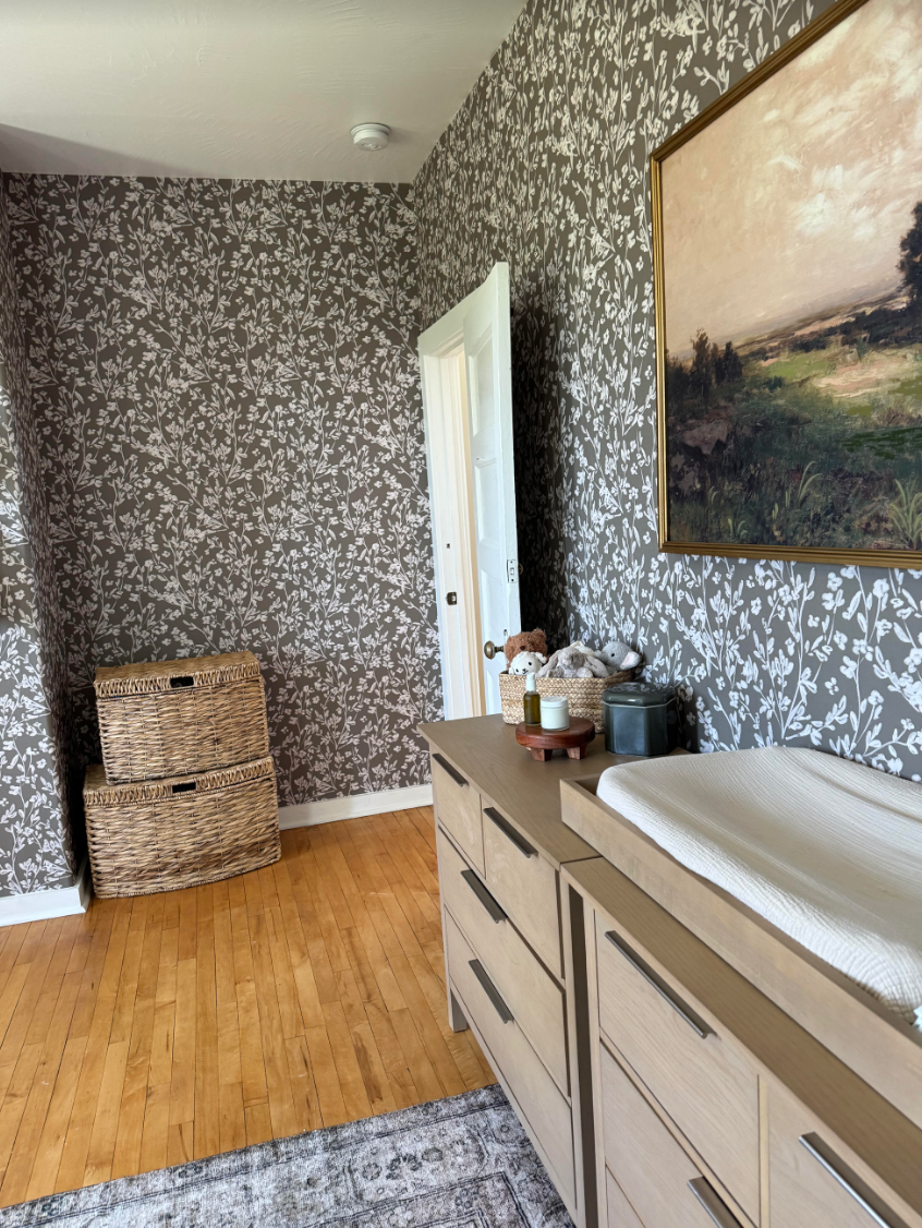 Edith Floral Wallpaper: Modern Farmhouse Taupe Wall Art