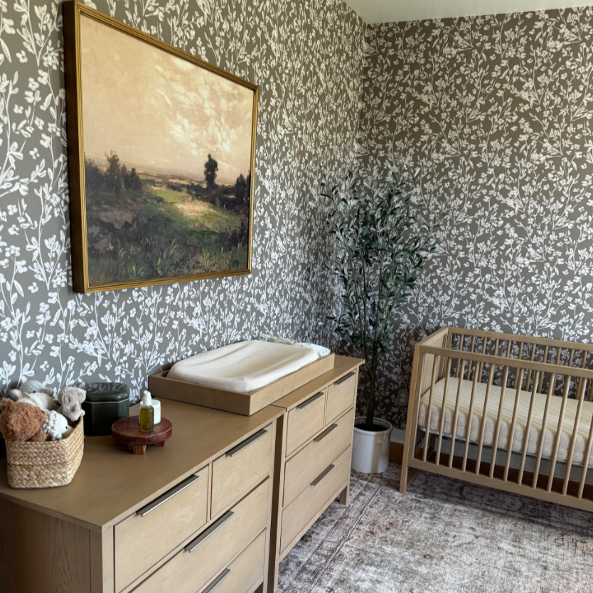 Edith Floral Wallpaper: Modern Farmhouse Taupe Wall Art