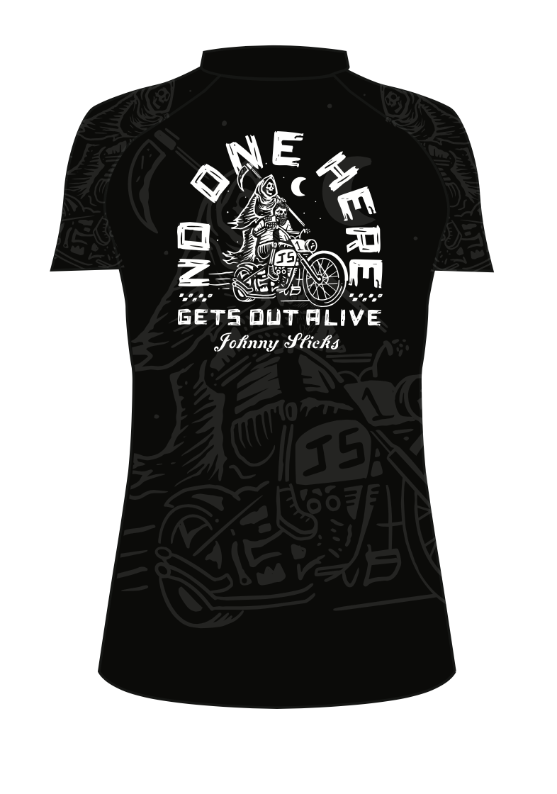 Black short sleeve rashguard featuring a grim reaper on a motorcycle graphic with the text No One Here Gets Out Alive.