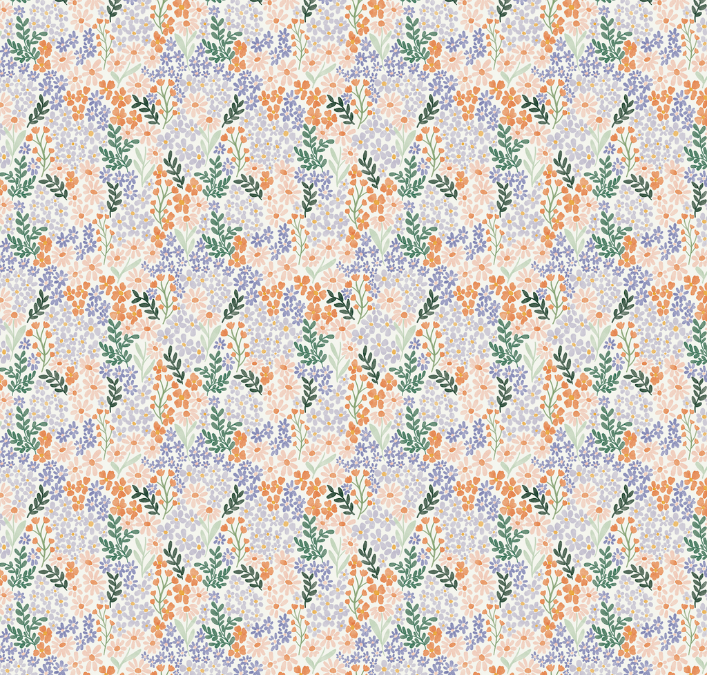 Cici Floral Removable Wallpaper in White Orange Lavender Green