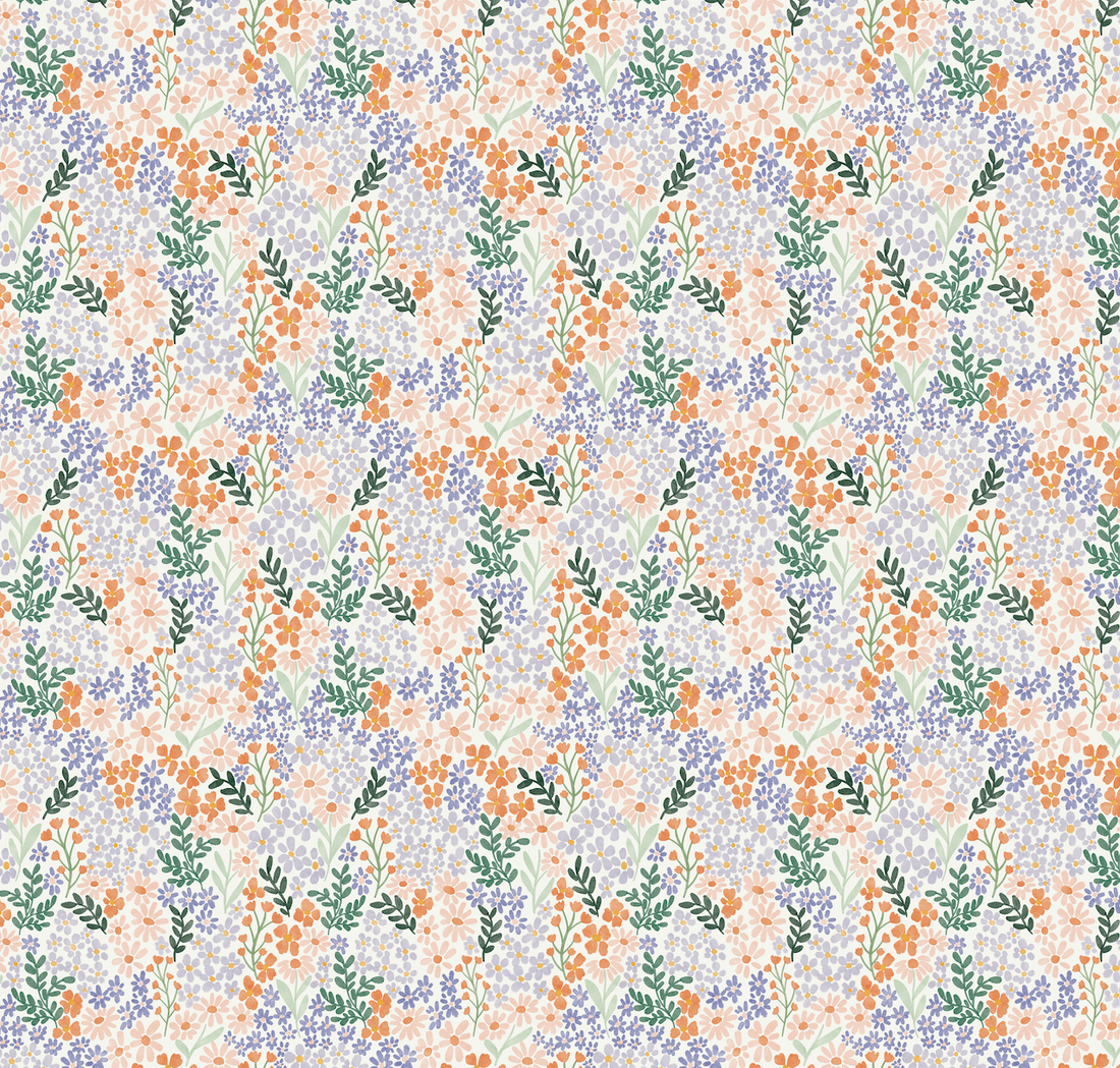Cici Floral Removable Wallpaper in White Orange Lavender Green