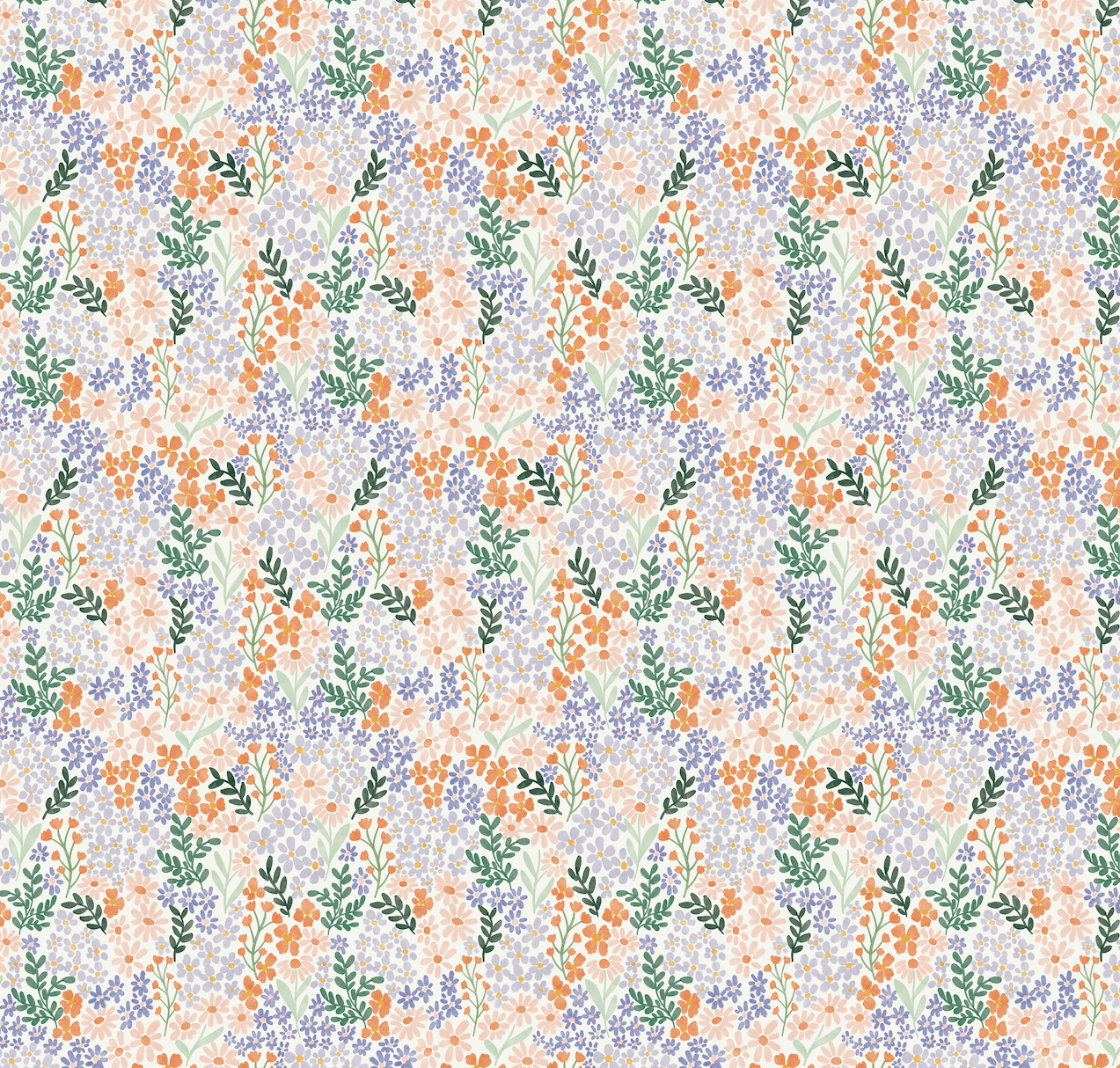 Cici Floral Removable Wallpaper in White Orange Lavender Green