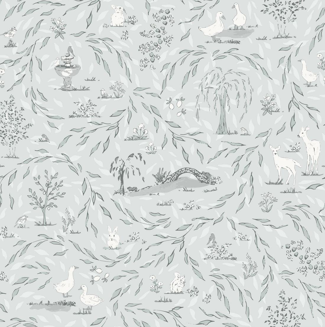 Harmony Traditional Cottagecore Wallpaper - Light Blue & Grey