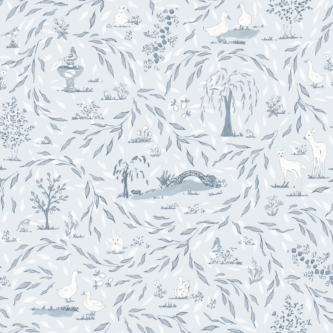 Harmony Traditional Cottagecore Wallpaper - Light Blue & Grey