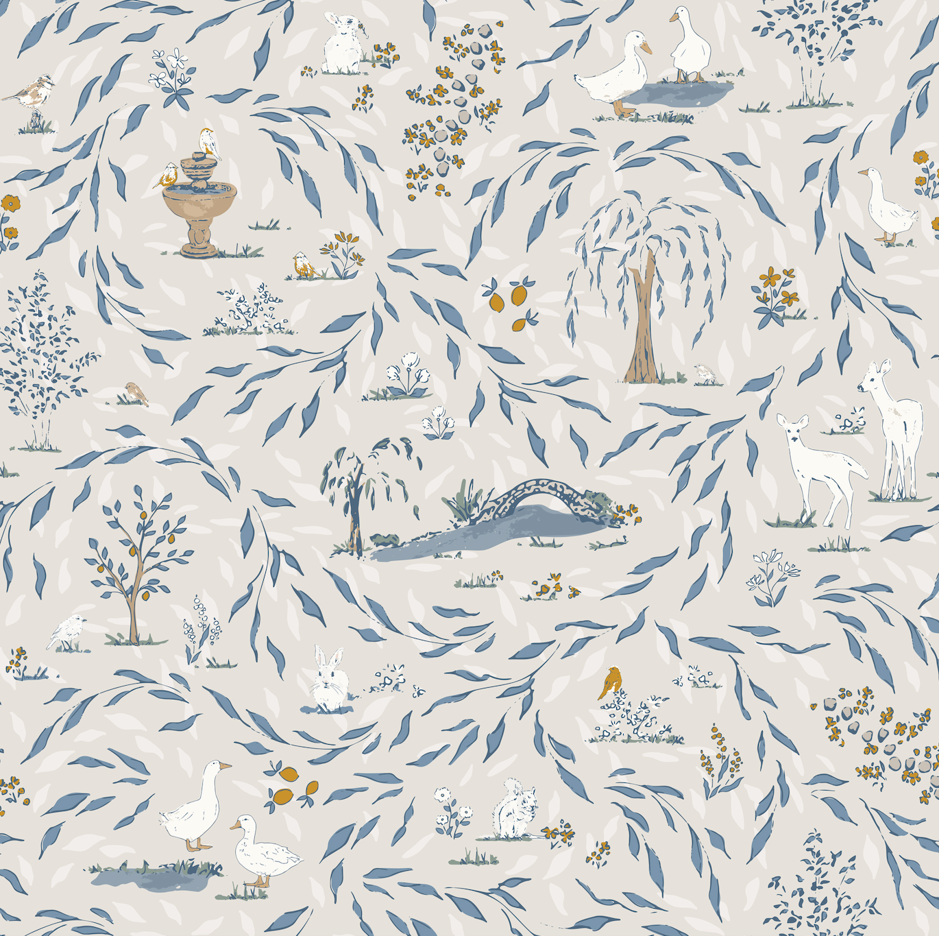 Harmony Traditional Cottagecore Wallpaper - Light Blue & Grey