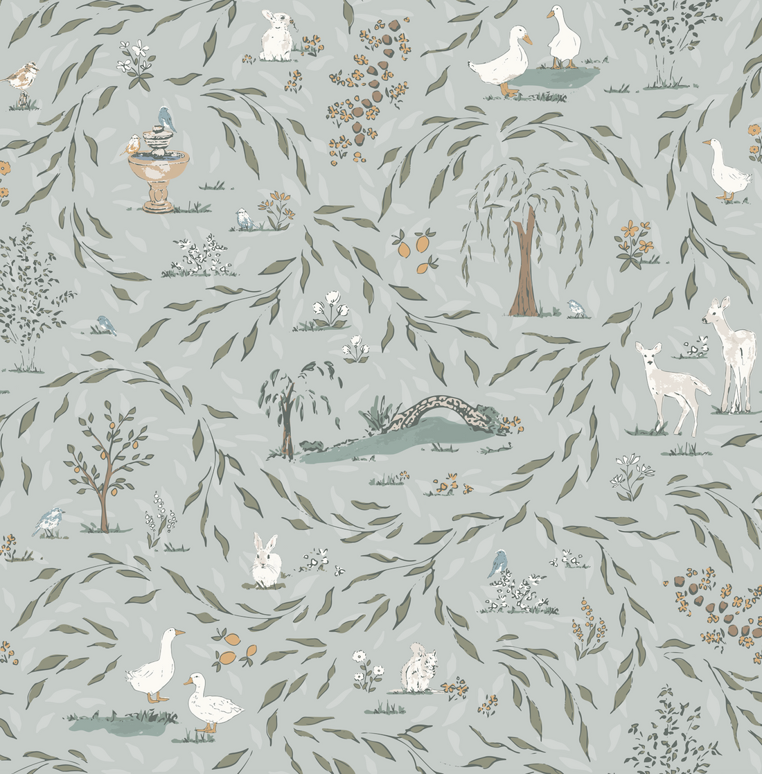 Harmony Traditional Cottagecore Wallpaper - Light Blue & Grey