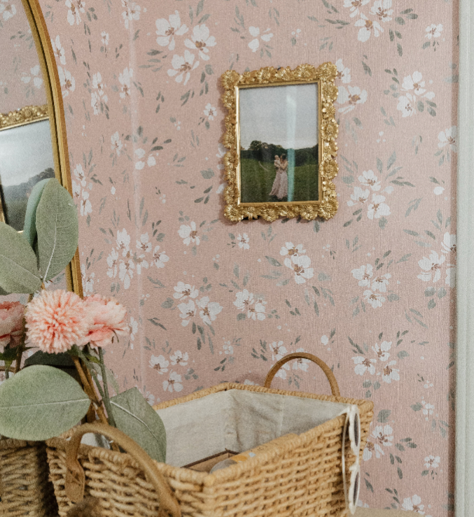 Alina floral removable wallpaper in dusty rose and sage green for bohemian bedroom decor