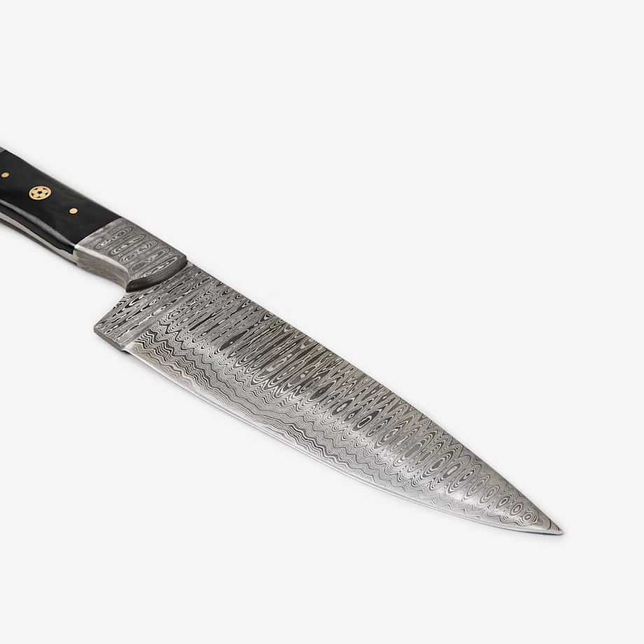 Artisanal Damascus Steel Kitchen Knife with Bull Horn Handle