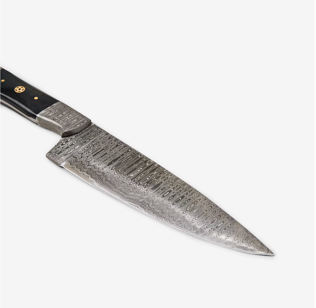 Artisanal Damascus Steel Kitchen Knife with Bull Horn Handle
