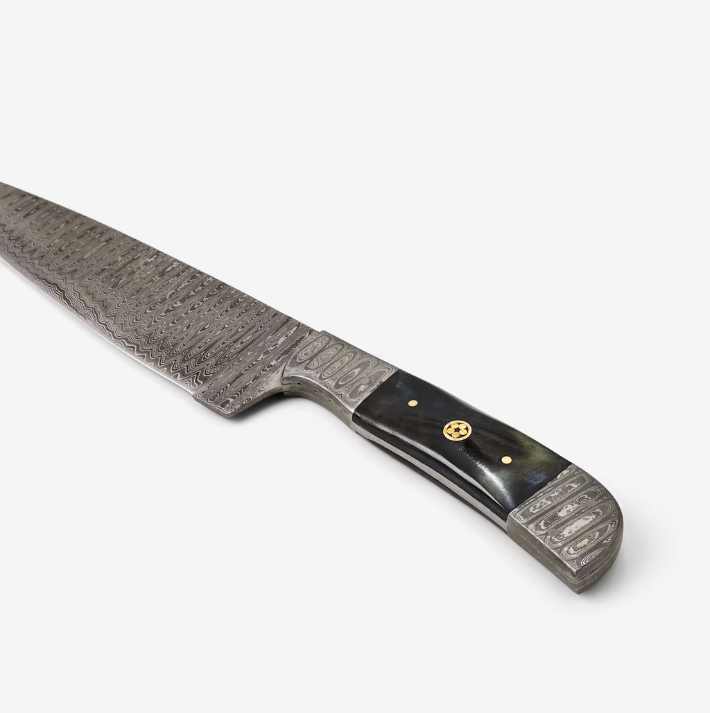 Artisanal Damascus Steel Kitchen Knife with Bull Horn Handle