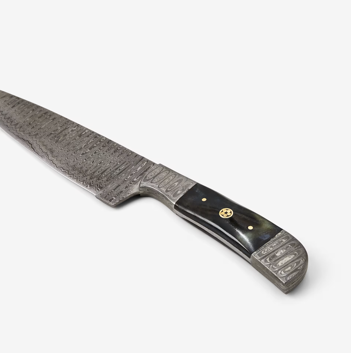 Artisanal Damascus Steel Kitchen Knife with Bull Horn Handle