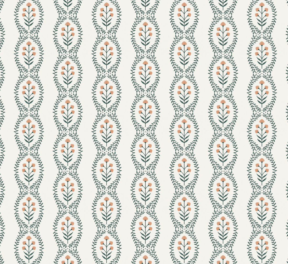 Nattie Floral Wallpaper in Green Blue Pink White Bohemian Style