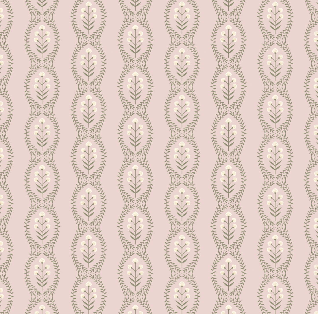 Nattie Floral Wallpaper in Green Blue Pink White Bohemian Style