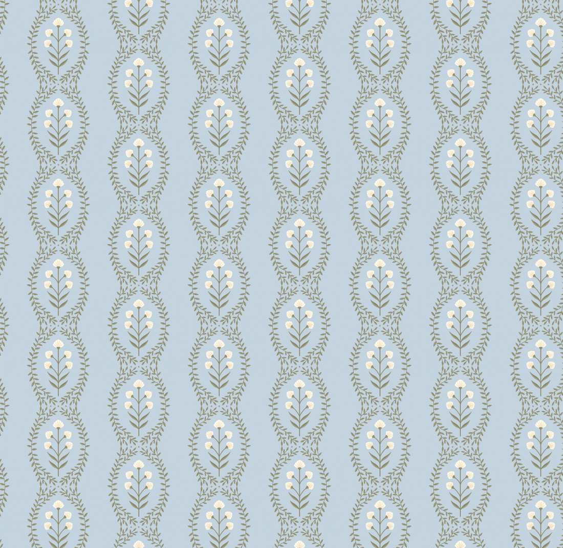 Nattie Floral Wallpaper in Green Blue Pink White Bohemian Style