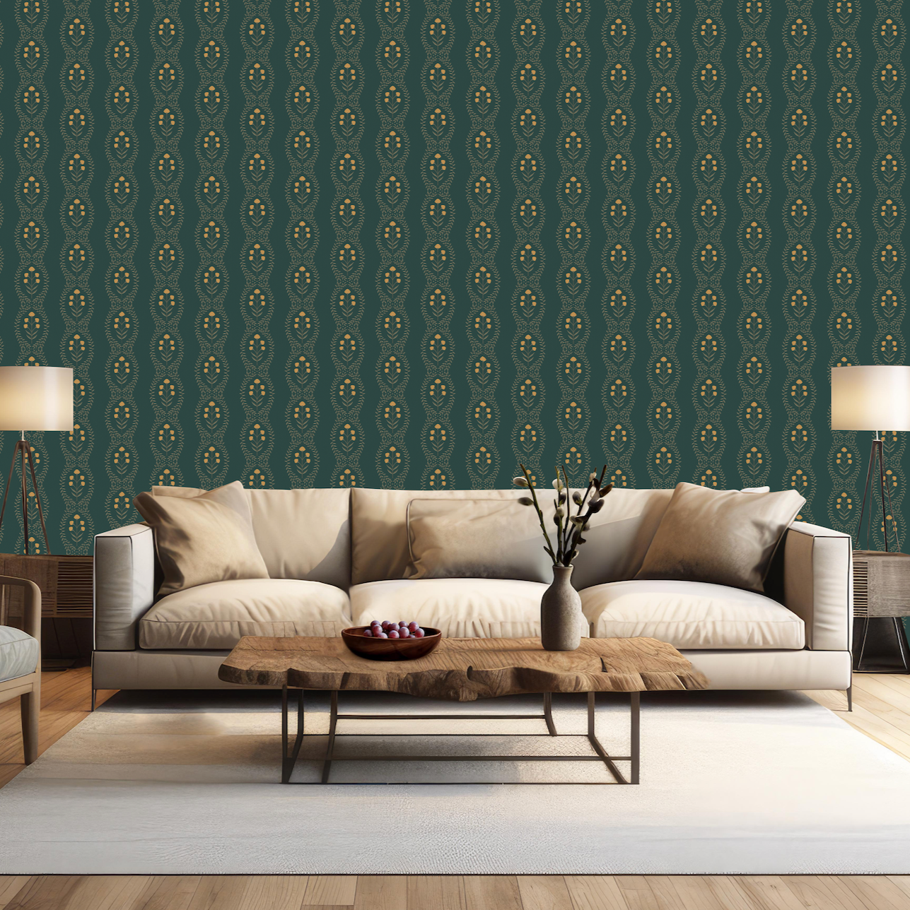 Nattie floral wallpaper pattern by Kourtni Gunn in green, blue, pink, and white shades for bohemian home decor.