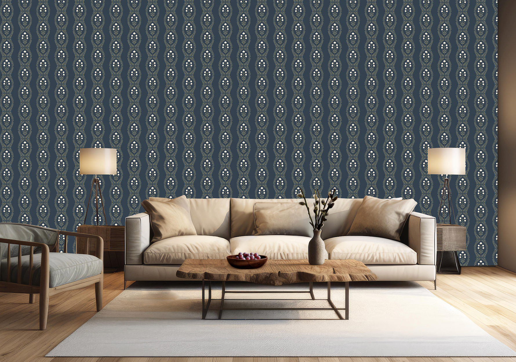 Nattie Floral Wallpaper in Green Blue Pink White Bohemian Style